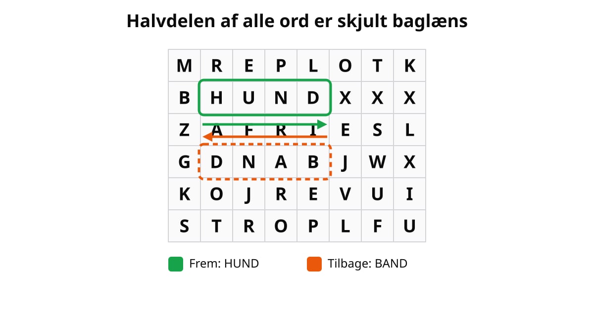 Ordsøgnings-eksempel: HUND fremad (grøn) og BAND baglæns (orange) i et 8×6-bogstavsgitter.